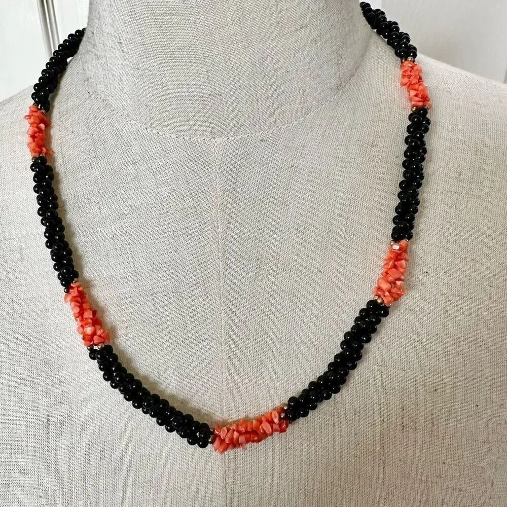 Black onyx  beaded and coral long twisted necklace